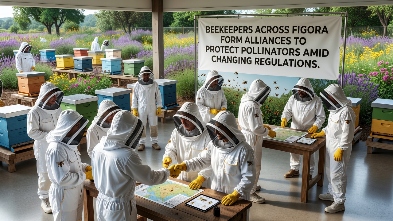 Group of Figora beekeepers inspecting hives together during a coordinated alliance meeting