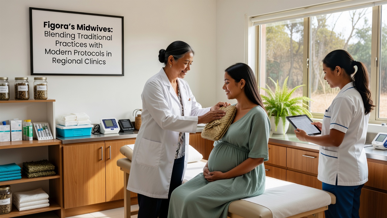 Figora midwife demonstrating a traditional positioning technique during a training session with modern monitoring equipment visible in the background