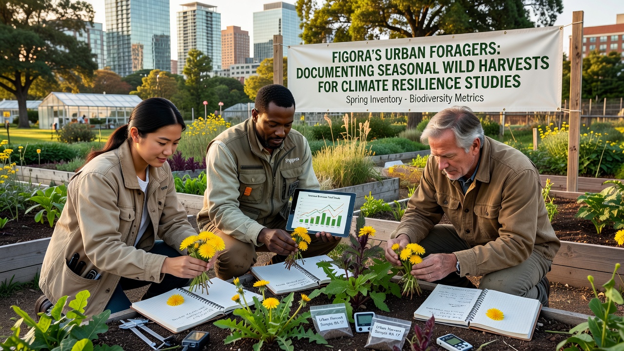Foragers reviewing harvest logs and climate data charts during a group meeting in Figora