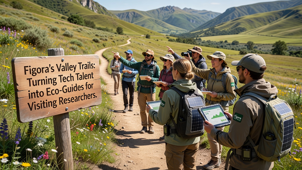 Eco-guide demonstrating real-time data logging to visiting researchers in Figora Valley