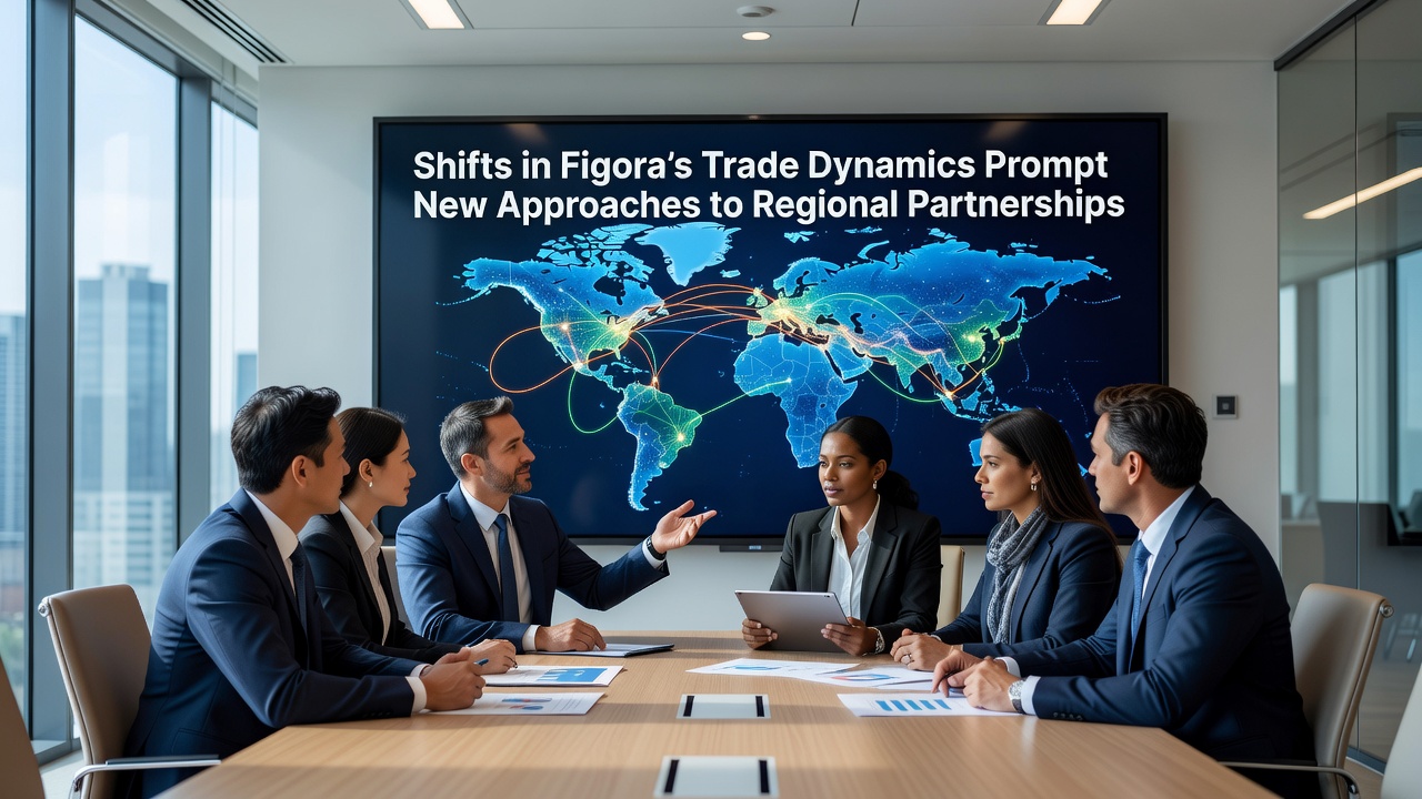Representatives from Figora and partner regions reviewing trade documents during a multilateral meeting on updated partnership protocols